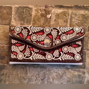 Floral Embroidered wallet  - Red and  white 100%leather
